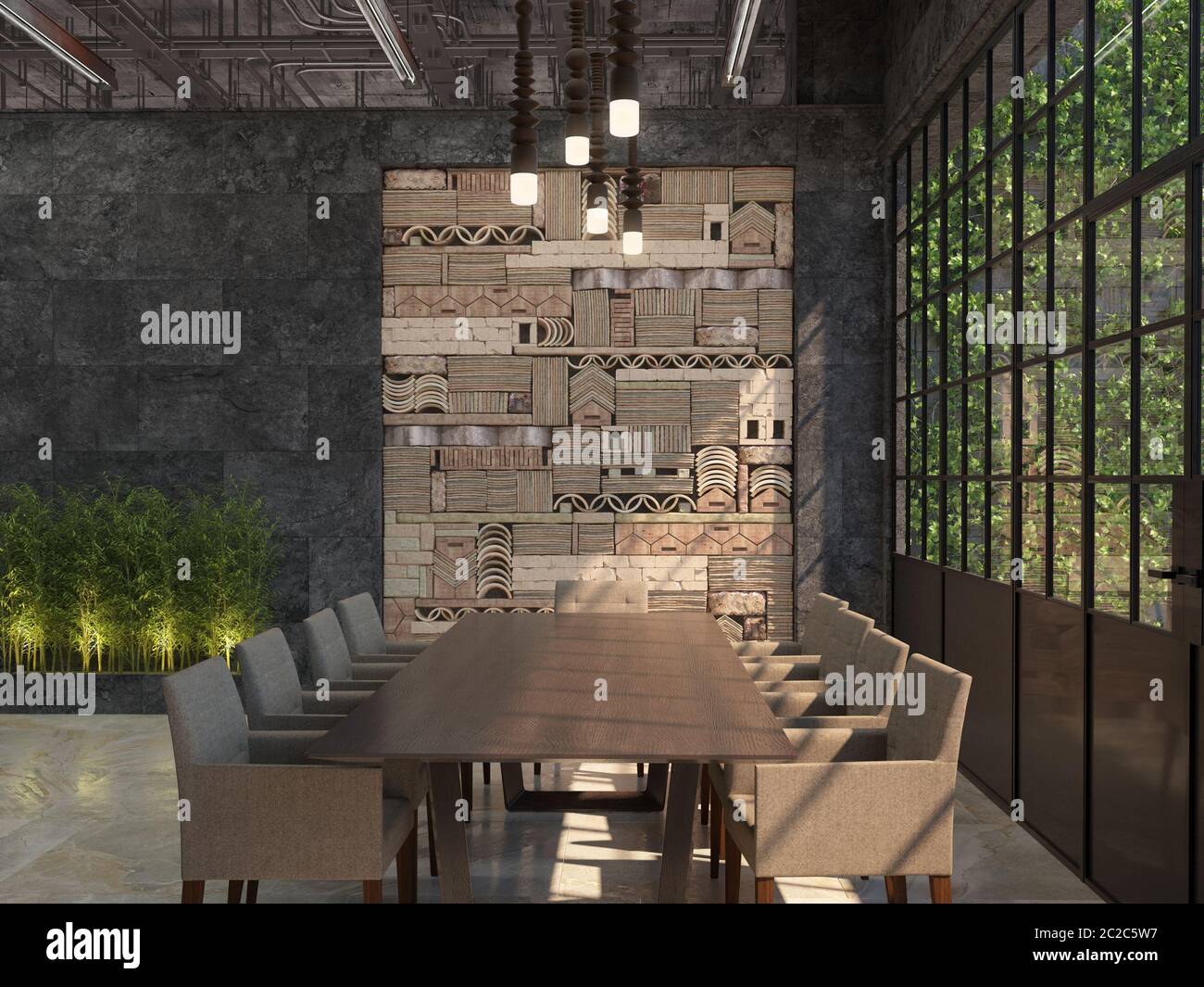 Design interno della sala conferenze. Sala riunioni con tavolo e sedie in stile loft. Visualizzazione 3D. Foto Stock