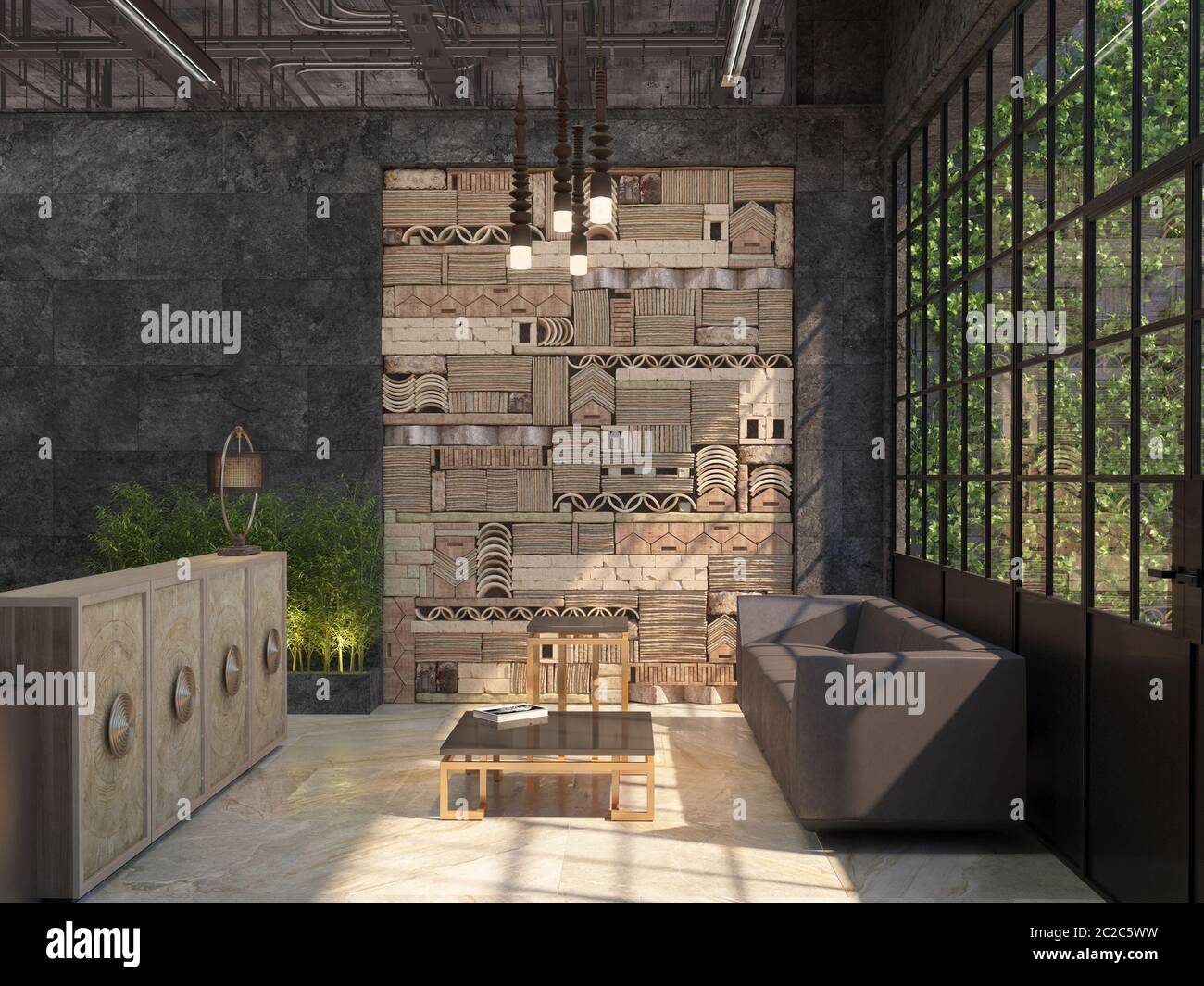 Il design interno della hall con reception e posto d'attesa. Stile loft. Visualizzazione 3D. Foto Stock