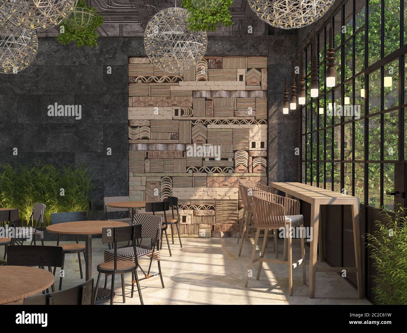 Il design interno del ristorante e' in stile loft. Tavoli con sedie sullo sfondo di una parete nera con un pannello decorativo 3D di blocchi di pietra. Foto Stock