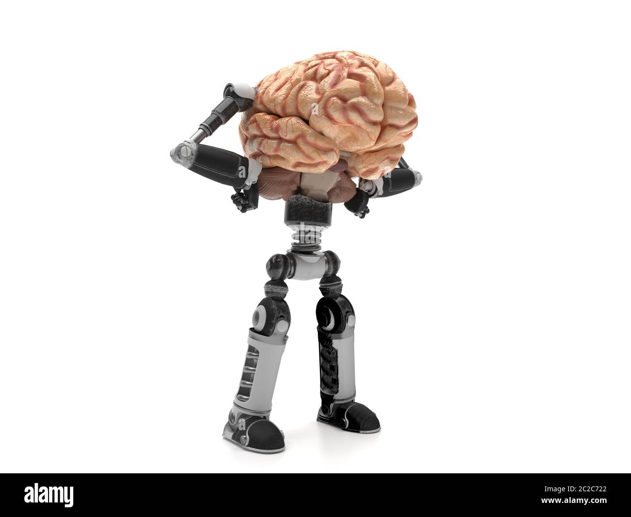 Robot con braccia, gambe e un cervello umano vivo è isolato su sfondo bianco. Intelligenza artificiale con organi umani. Creativo concettuale i Foto Stock