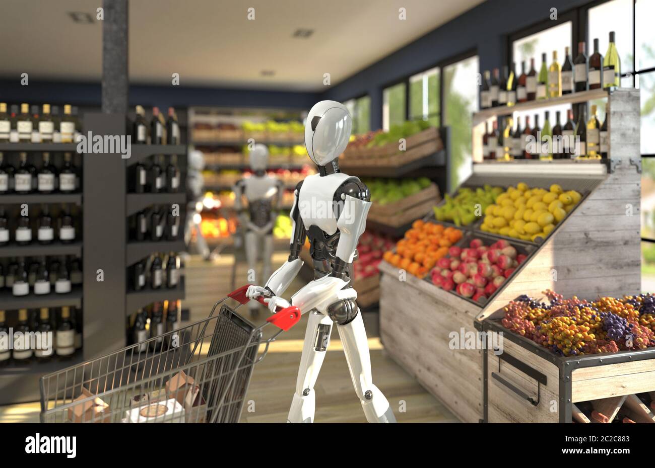 Un robot umanoide con un carrello per lo shopping è lo shopping in un negozio di alimentari. Concetto futuro con robotica e intelligenza artificiale. Rendering 3D. Foto Stock