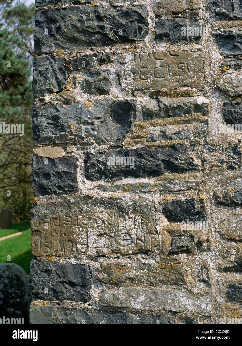 Due pezzi tagliati e rifilati della pietra commemorativa dell'Idnert Early Christian (C7) all'angolo nord-ovest della navata ricostruita della chiesa di San Davide, Llanddewi-Brefi, Galles Foto Stock