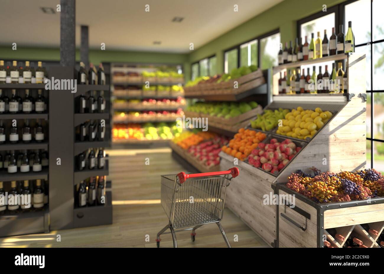 L'interno di un minimarket con un carrello in primo piano. Attrezzature commerciali in negozio con frutta, vino e bevande alcoliche. 3 Foto Stock