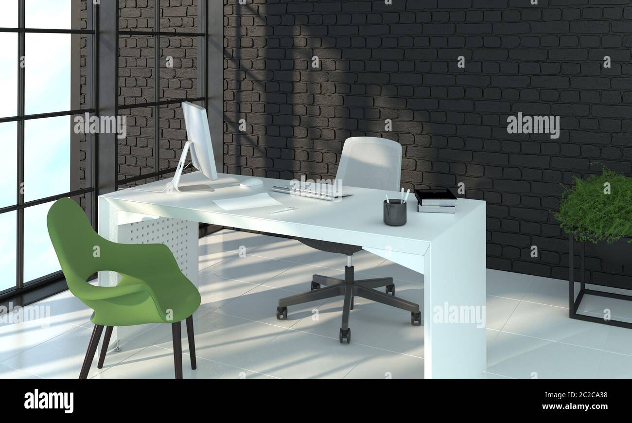 Luogo di lavoro senza persone in ufficio. Studio per il servizio clienti in bianco e nero. Rendering 3D dell'interno in stile loft Foto Stock