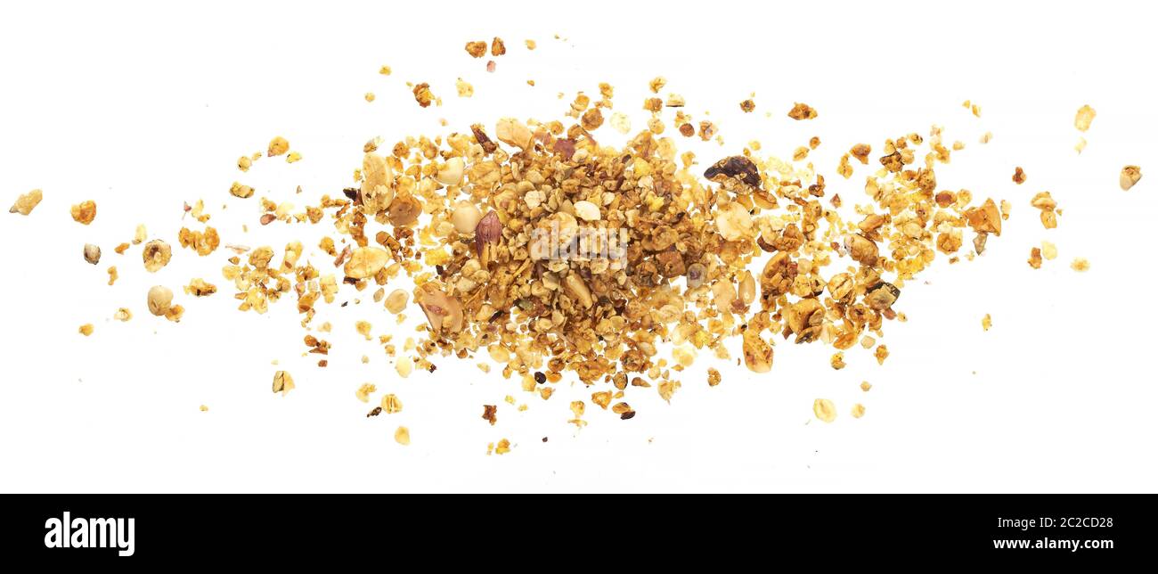Pila di granola con noci isolate su fondo bianco Foto Stock