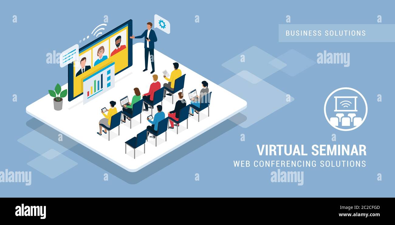 Team aziendale che partecipa a una riunione e ha una videoconferenza online, comunicazione e concetto tecnologico Illustrazione Vettoriale