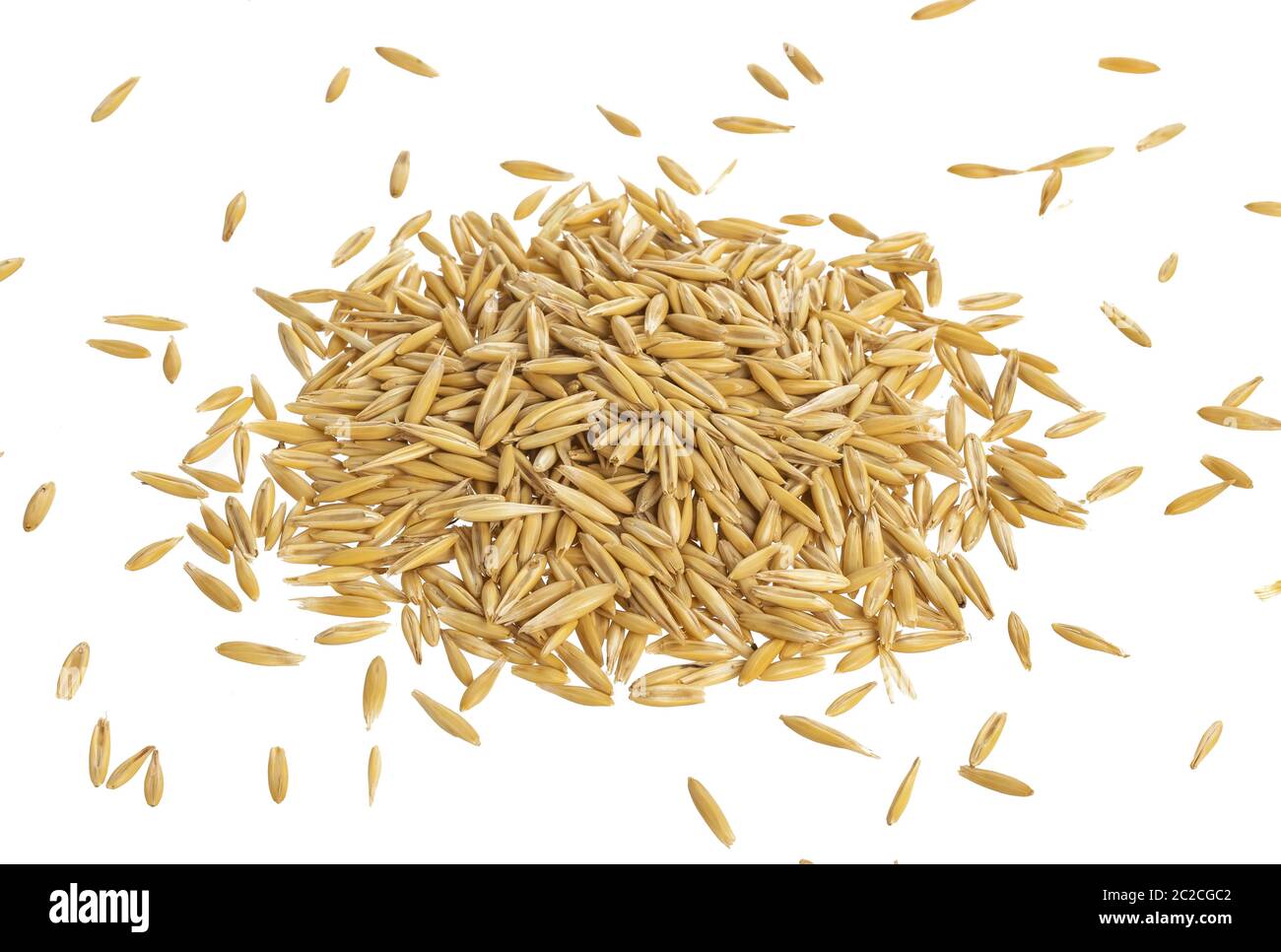 Pila di semi di Avena isolati su sfondo bianco, vista dall'alto Foto Stock