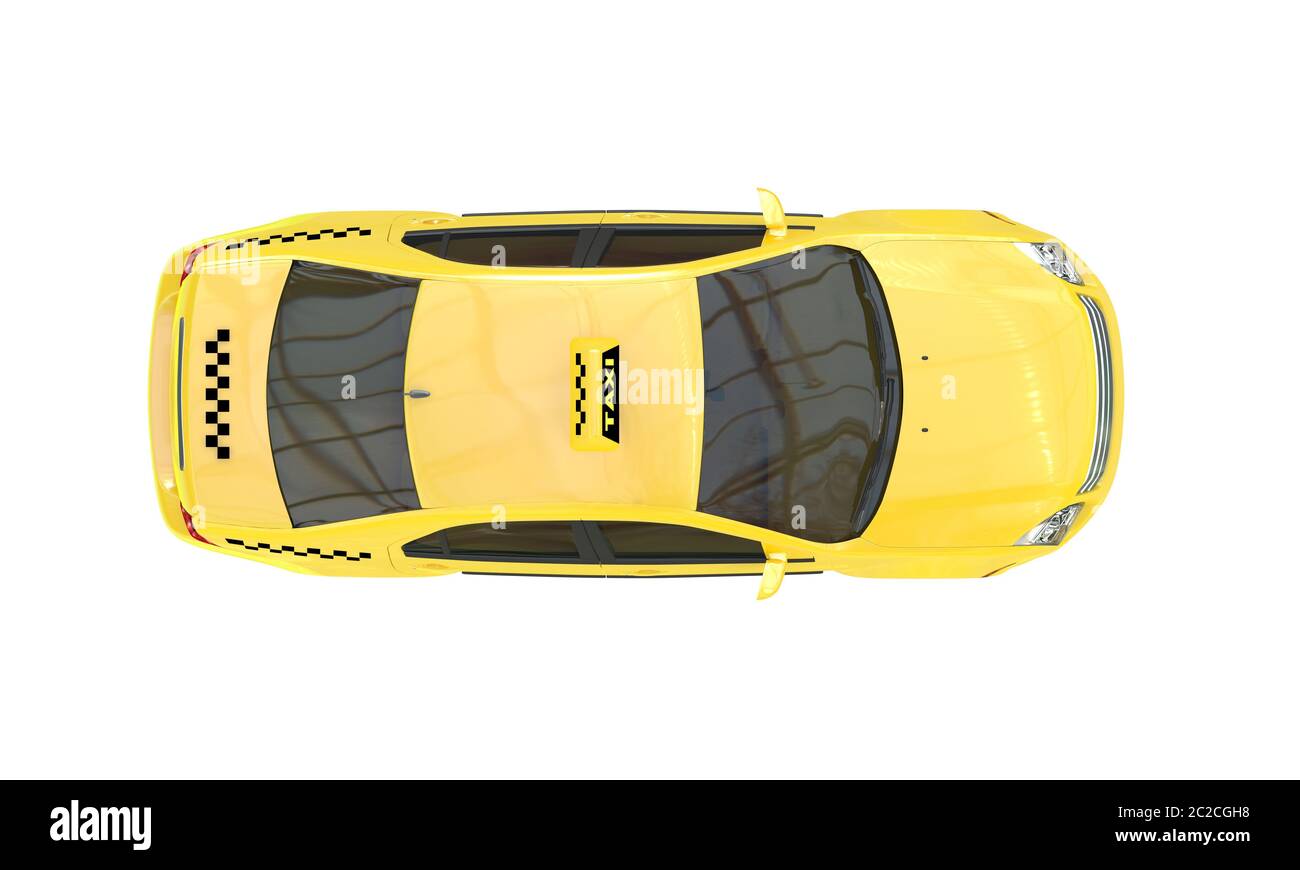 Taxi auto gialla isolato su sfondo bianco. Vista dall'alto. Rendering 3D. Foto Stock