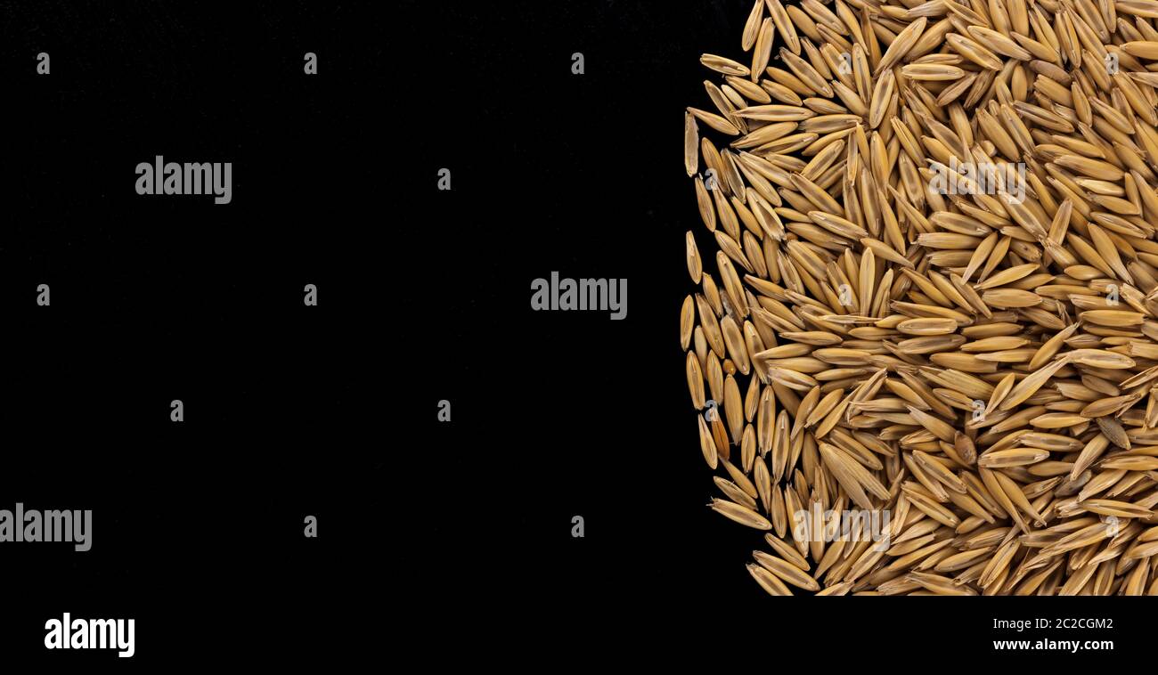 Pila di semi di avena su sfondo nero, spazio di copia, vista dall'alto Foto Stock