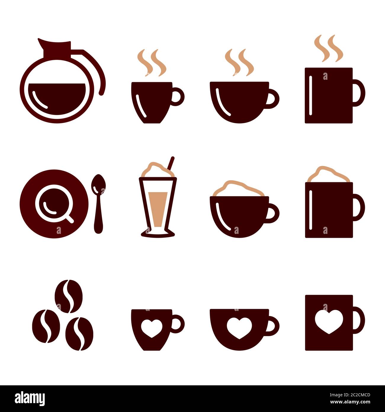 Set di icone di colore vettoriali per il caffè - cappuccino, latte, caffè, bevande - caffetteria, ristorante Illustrazione Vettoriale