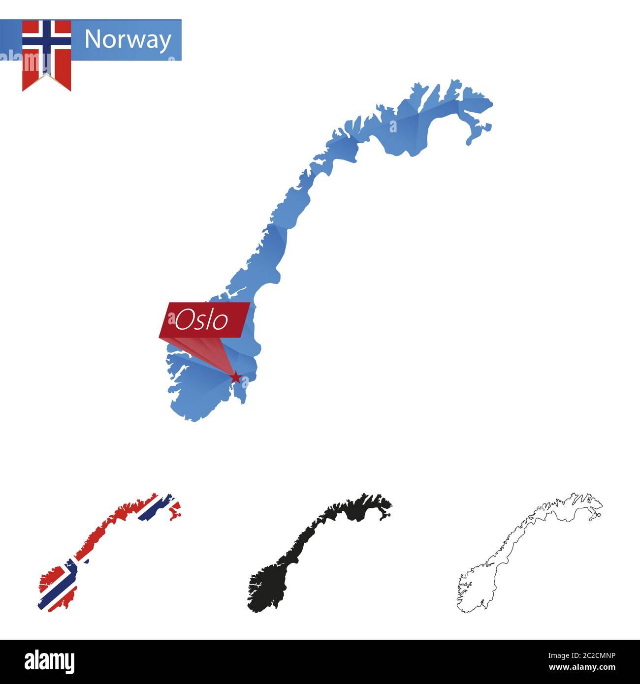 Mappa blu Norvegia basso Poly con capitale Oslo, versioni con bandiera, nero e contorno. Illustrazione vettoriale. Illustrazione Vettoriale