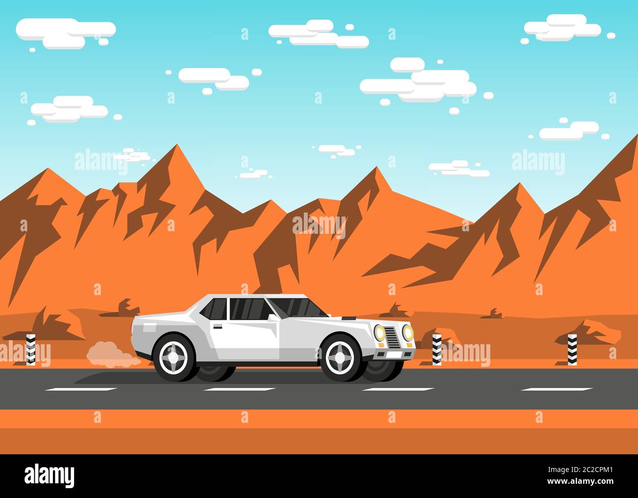 Una berlina bianca corre lungo un'autostrada vuota Illustrazione Vettoriale