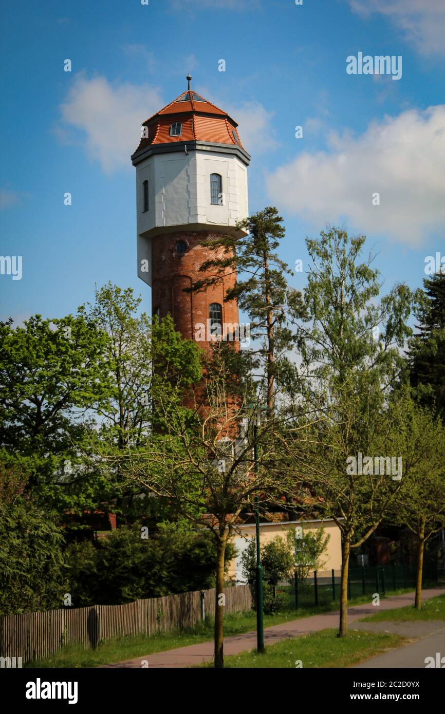 una torre d'acqua svetta da dietro le cime degli alberi Foto Stock