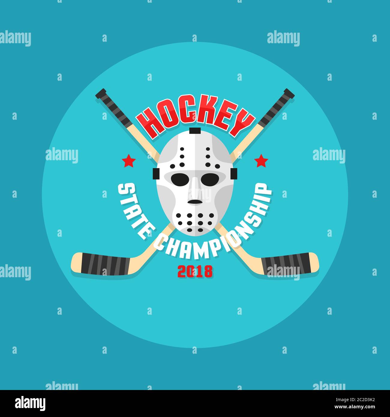 Logo Hockey in stile piatto con maschera portieri e bastoni incrociati. Illustrazione Vettoriale