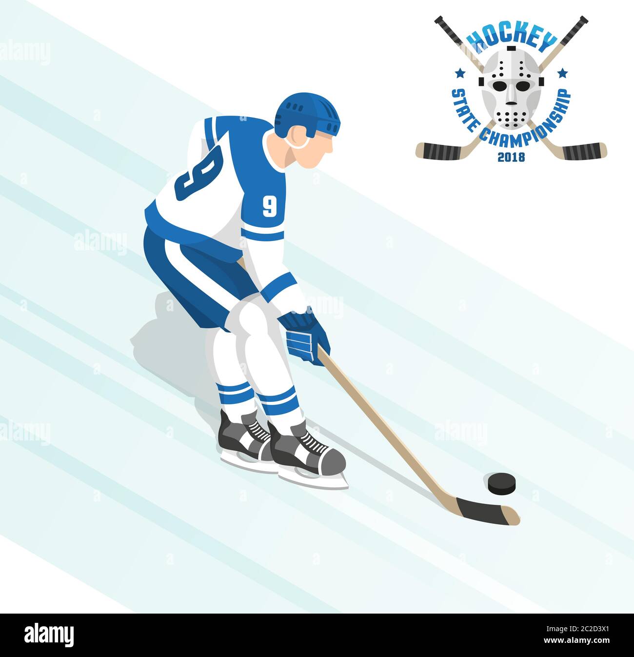 Giocatore di hockey su ghiaccio con puck in uniformi blu bianco durante il gioco Illustrazione Vettoriale