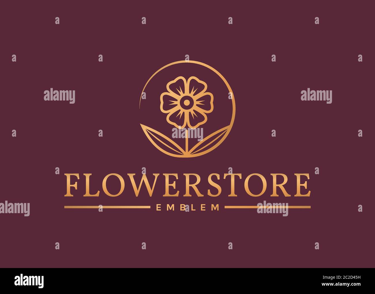 Logo negozio di fiori. Elegante emblema floreale dorato isolato su sfondo pulito. Modello vettoriale. Illustrazione Vettoriale