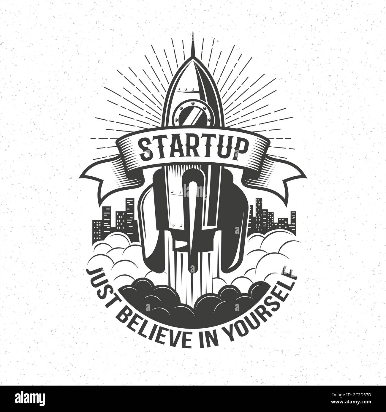 Logo retrò Startup - lancio del razzo nel cielo Illustrazione Vettoriale