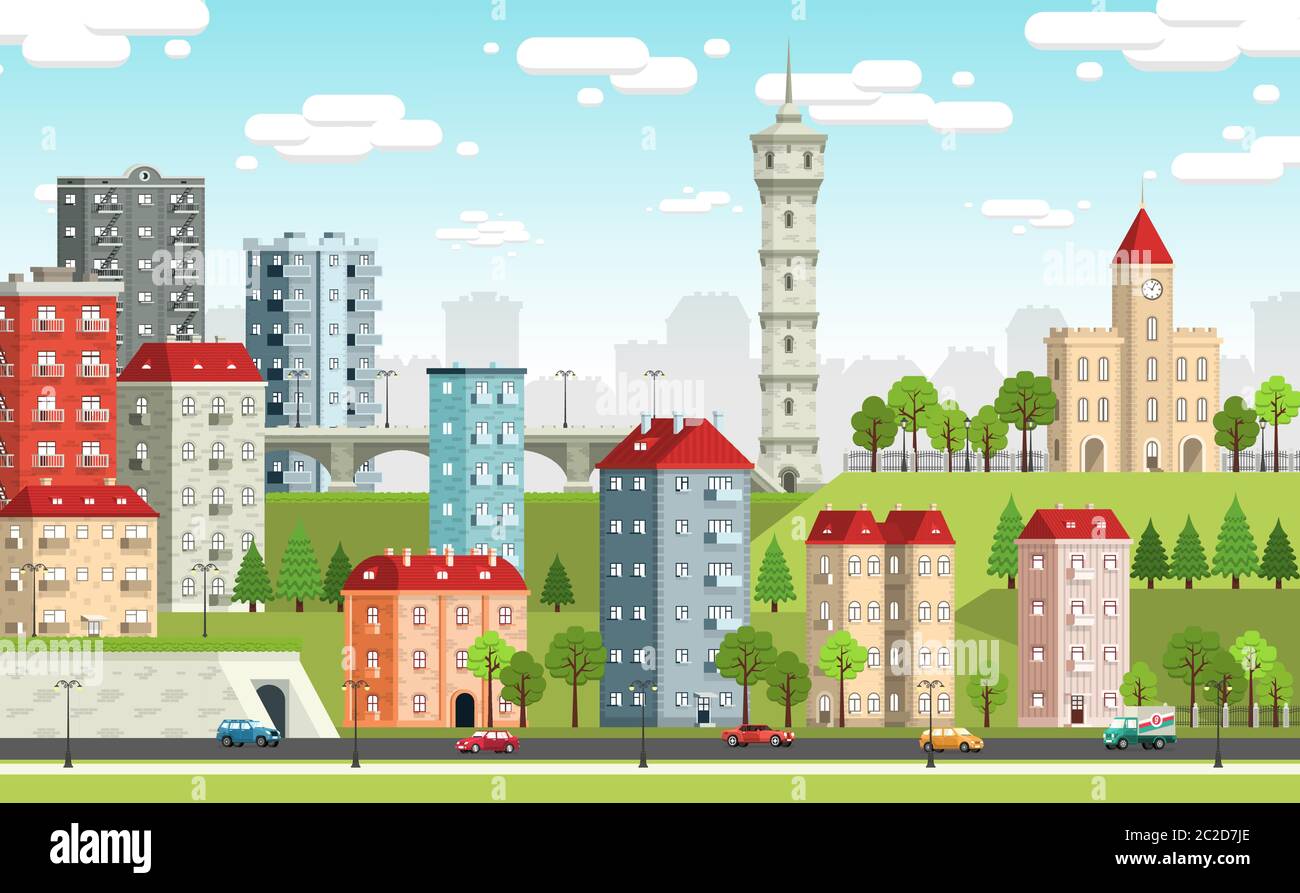 Paesaggio della città con edifici, case e elementi stradali. Illustrazione Vettoriale