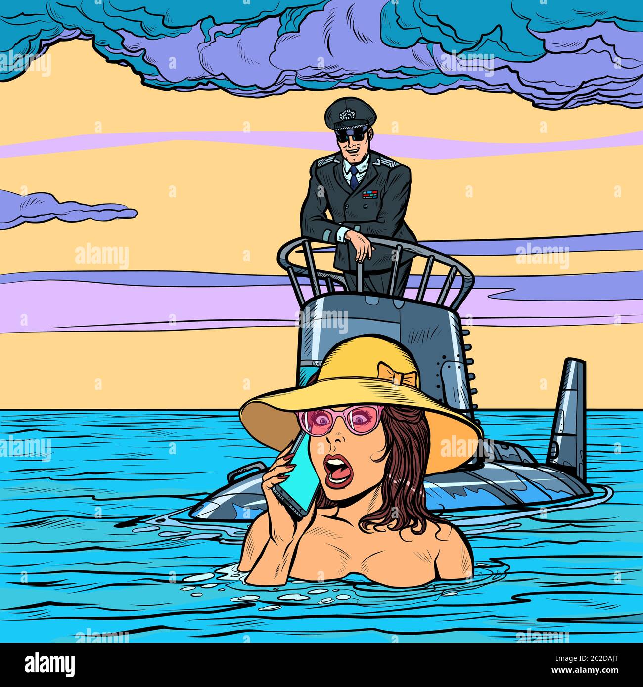 Capitano sottomarino salvataggi di annegamento di donna. La Pop art retrò illustrazione vettoriale disegno Foto Stock