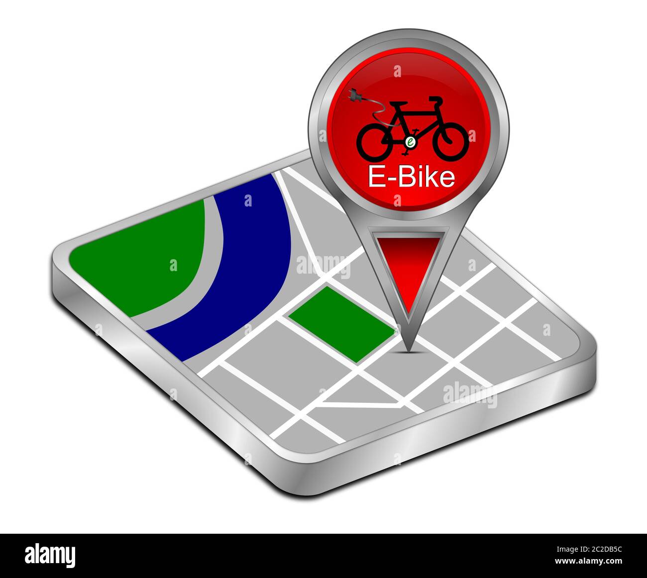 Puntatore Mappa rosso con e-Bike - illustrazione 3D Foto Stock