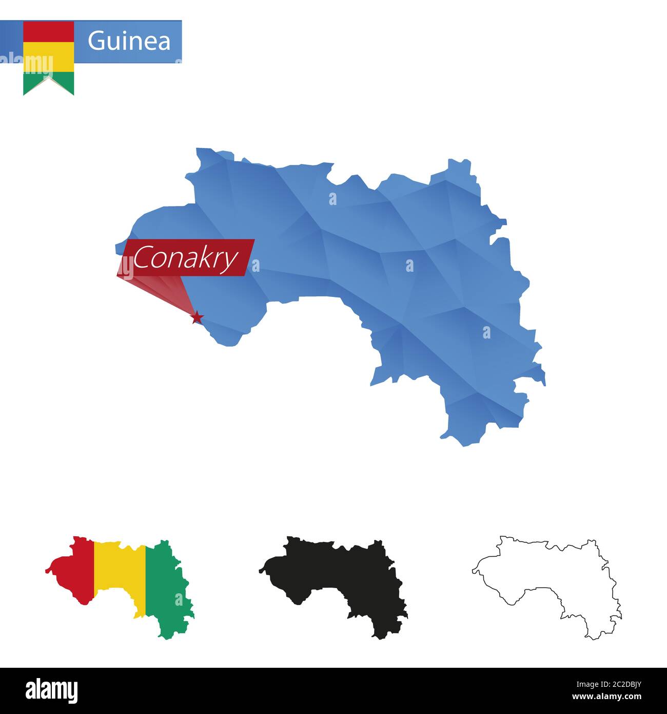 Guinea Blue Low Poly mappa con capitale Conakry, quattro versioni di mappa. Illustrazione vettoriale. Illustrazione Vettoriale
