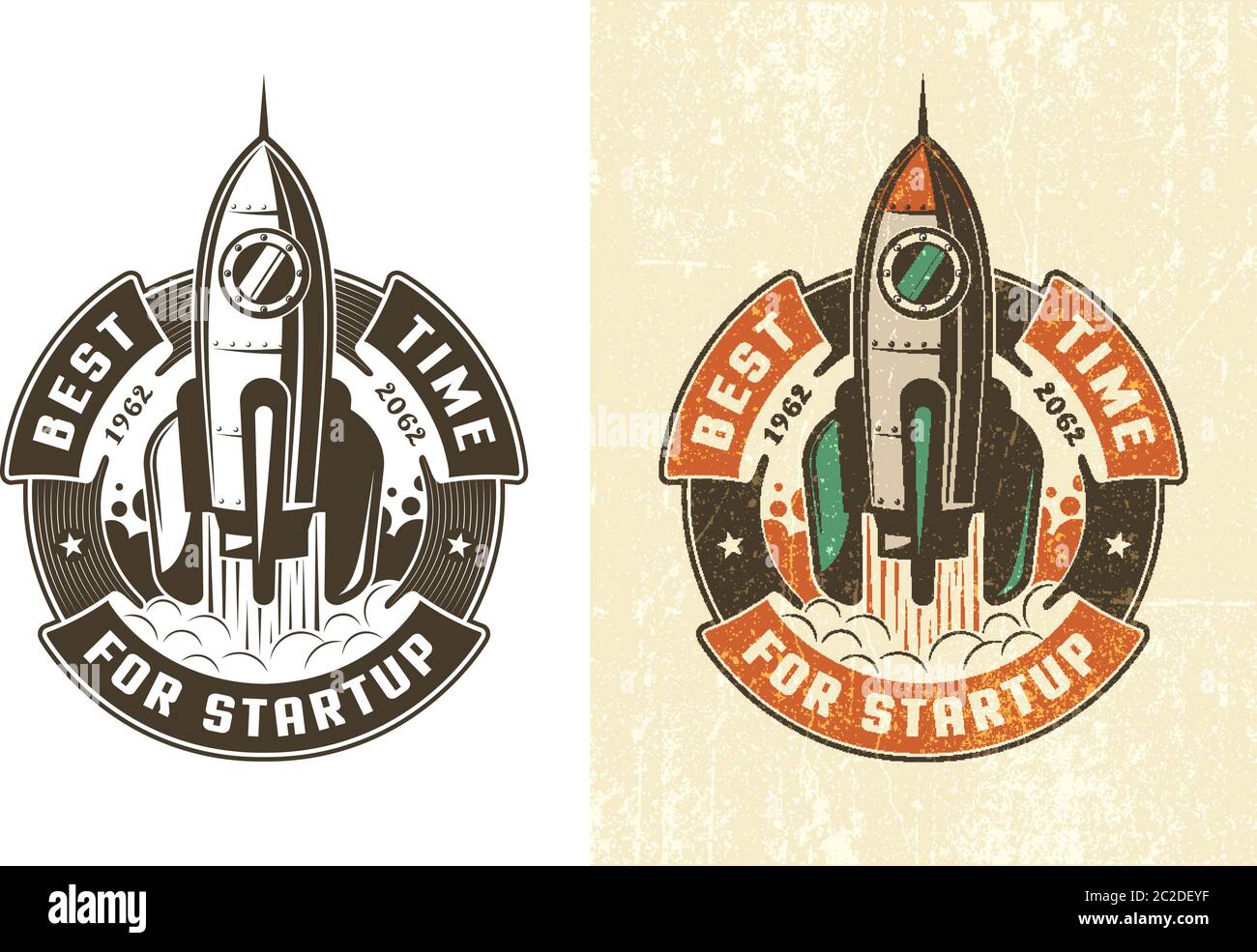 Il razzo con emblema retrò si toglie in un nastro circolare Illustrazione Vettoriale