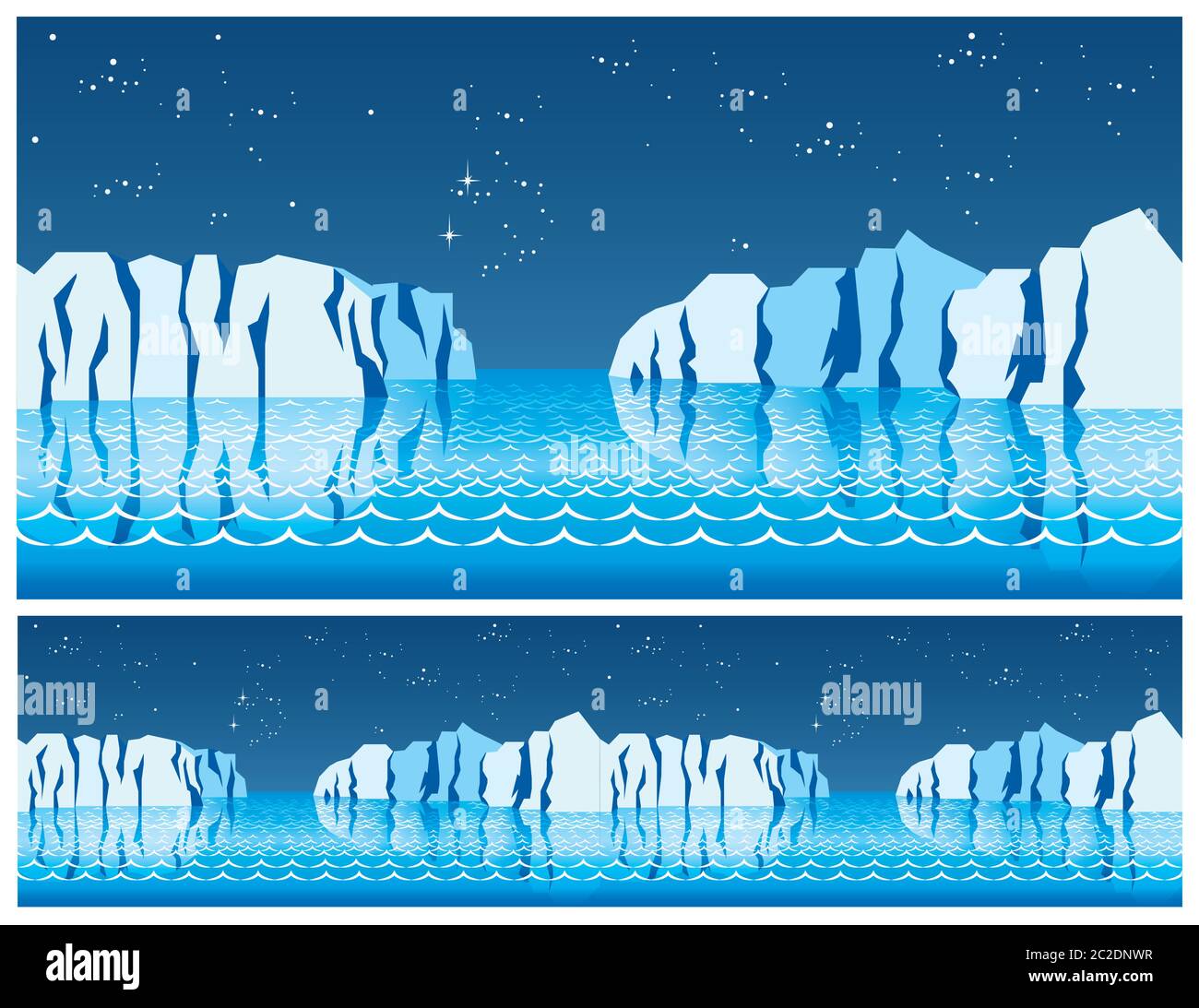 illustrazione stilizzata senza cuciture sul tema delle calotte polari del ghiaccio, dei mari del nord, del nord, delle notti polari Illustrazione Vettoriale