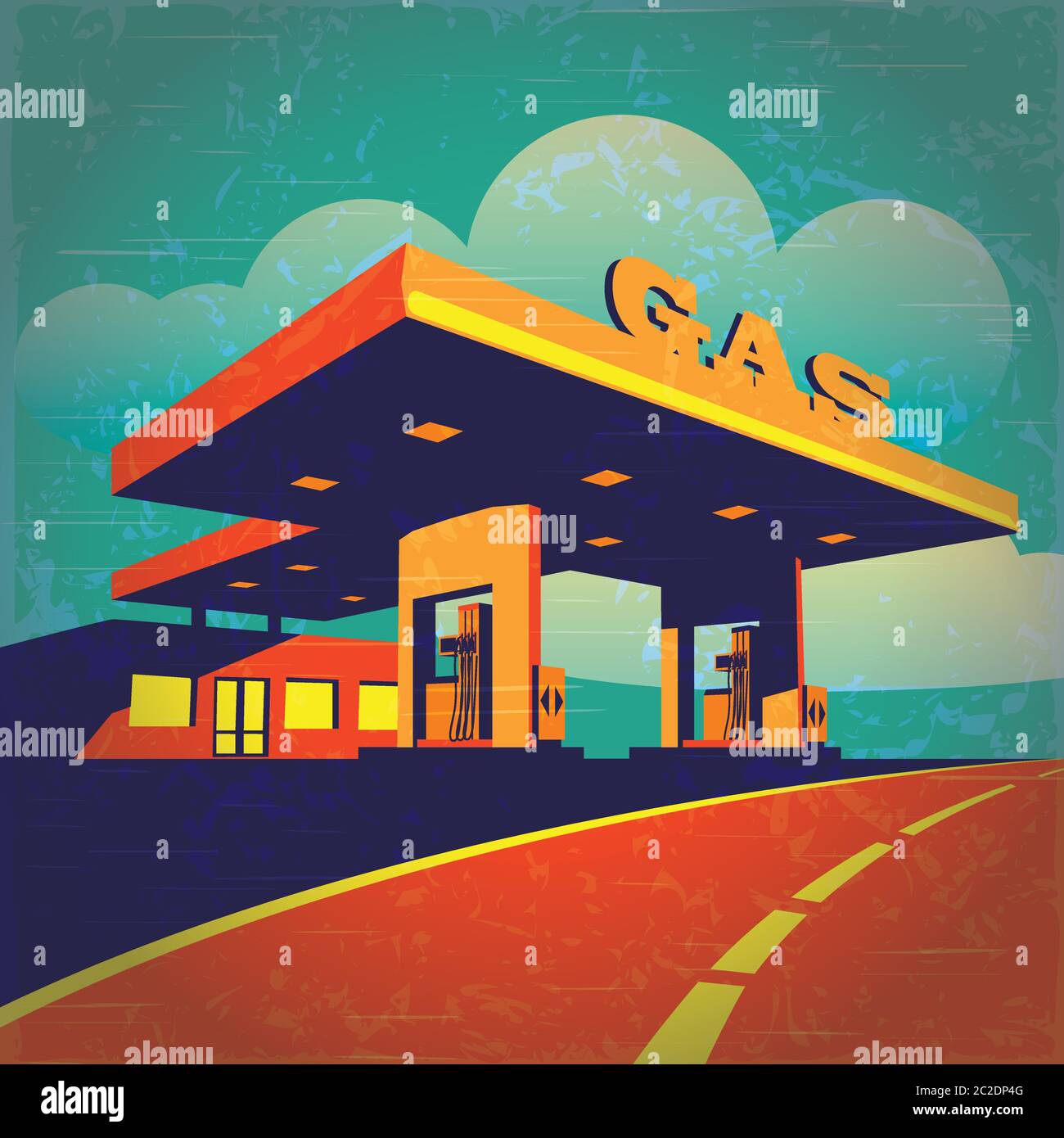 illustrazione vettoriale di un effetto stilizzato di un film vecchio sulla stazione di benzina sulla strada Illustrazione Vettoriale