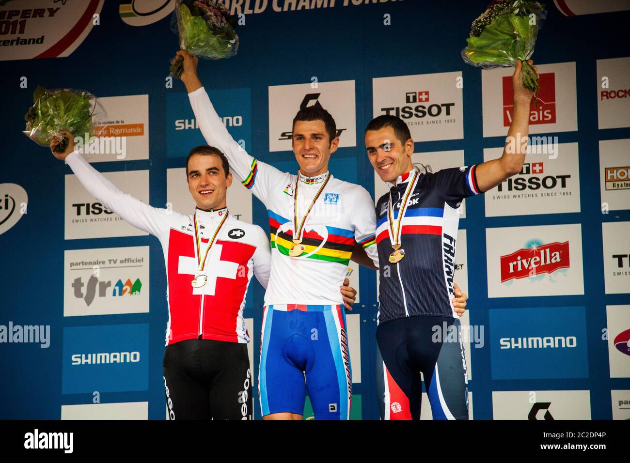 CHAMPERY, SVIZZERA - 3 SETTEMBRE 2011. UCI Mountain Bike Campionato del mondo di fondo podio 1. Jaroslav Kulhavy (CZ) 2. Nino Schurter (sui) Foto Stock