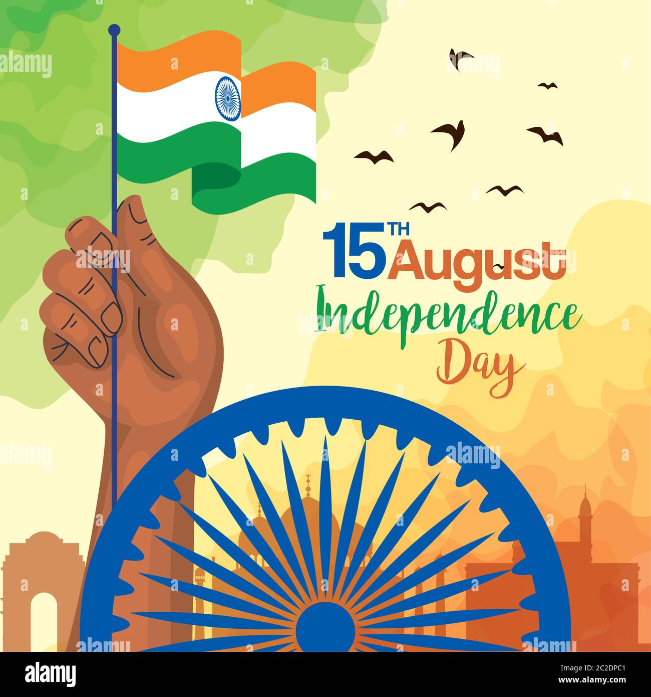 festa indiana del giorno dell'indipendenza con decorazione a ruota ashoka, mano con emblema bandiera Illustrazione Vettoriale