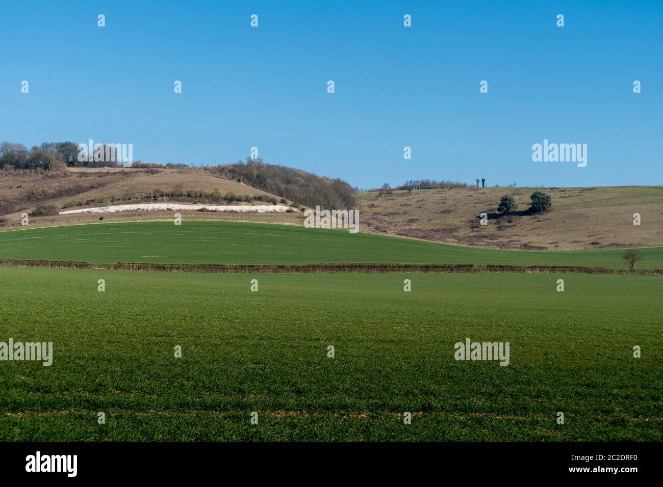 Vista del paesaggio del North Downs e Via dei Pellegrini a Detling, Kent, Regno Unito Foto Stock