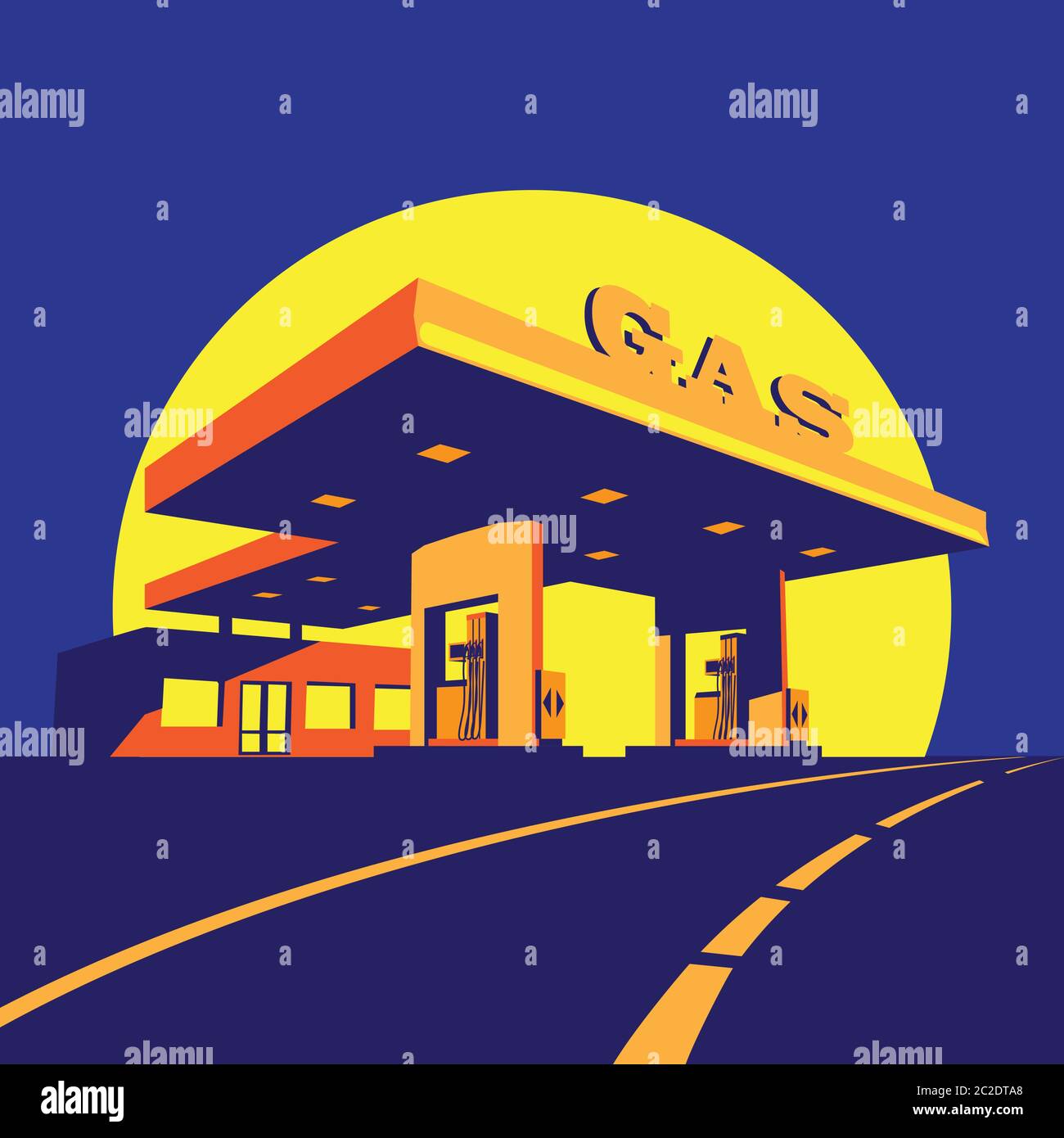 Illustrazione vettoriale stilizzata sul tema della moderna stazione di servizio in autostrada notturna Illustrazione Vettoriale