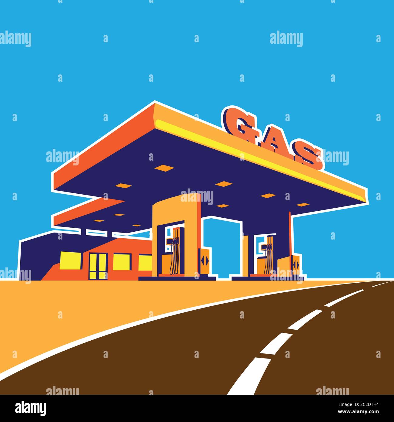 Illustrazione vettoriale stilizzata sul tema della moderna stazione di benzina sull'autostrada Illustrazione Vettoriale