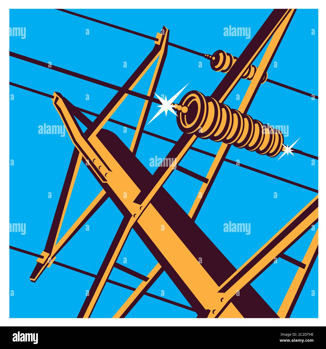 Illustrazione vettoriale stilizzata sul tema delle linee elettriche ad alta tensione, industriali, simboli del settore energetico Illustrazione Vettoriale