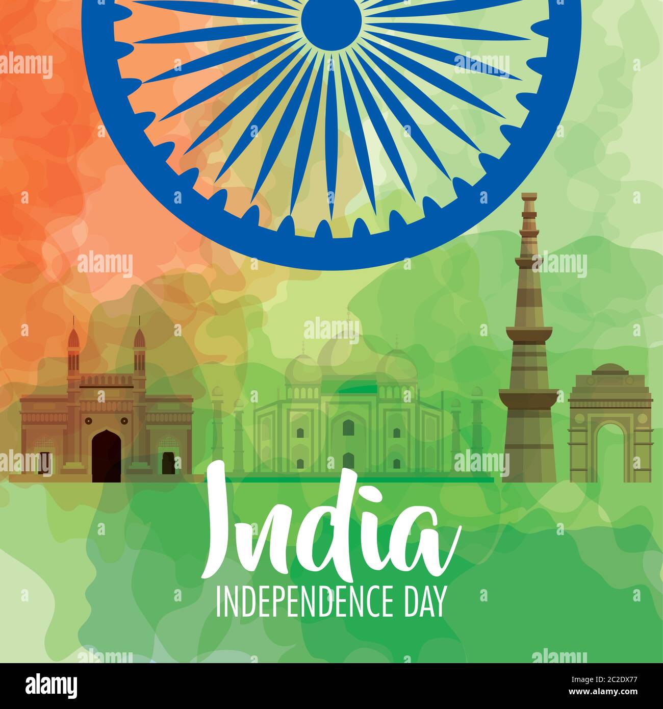 festa indiana del giorno dell'indipendenza con la ruota ashoka e monumenti famosi Illustrazione Vettoriale