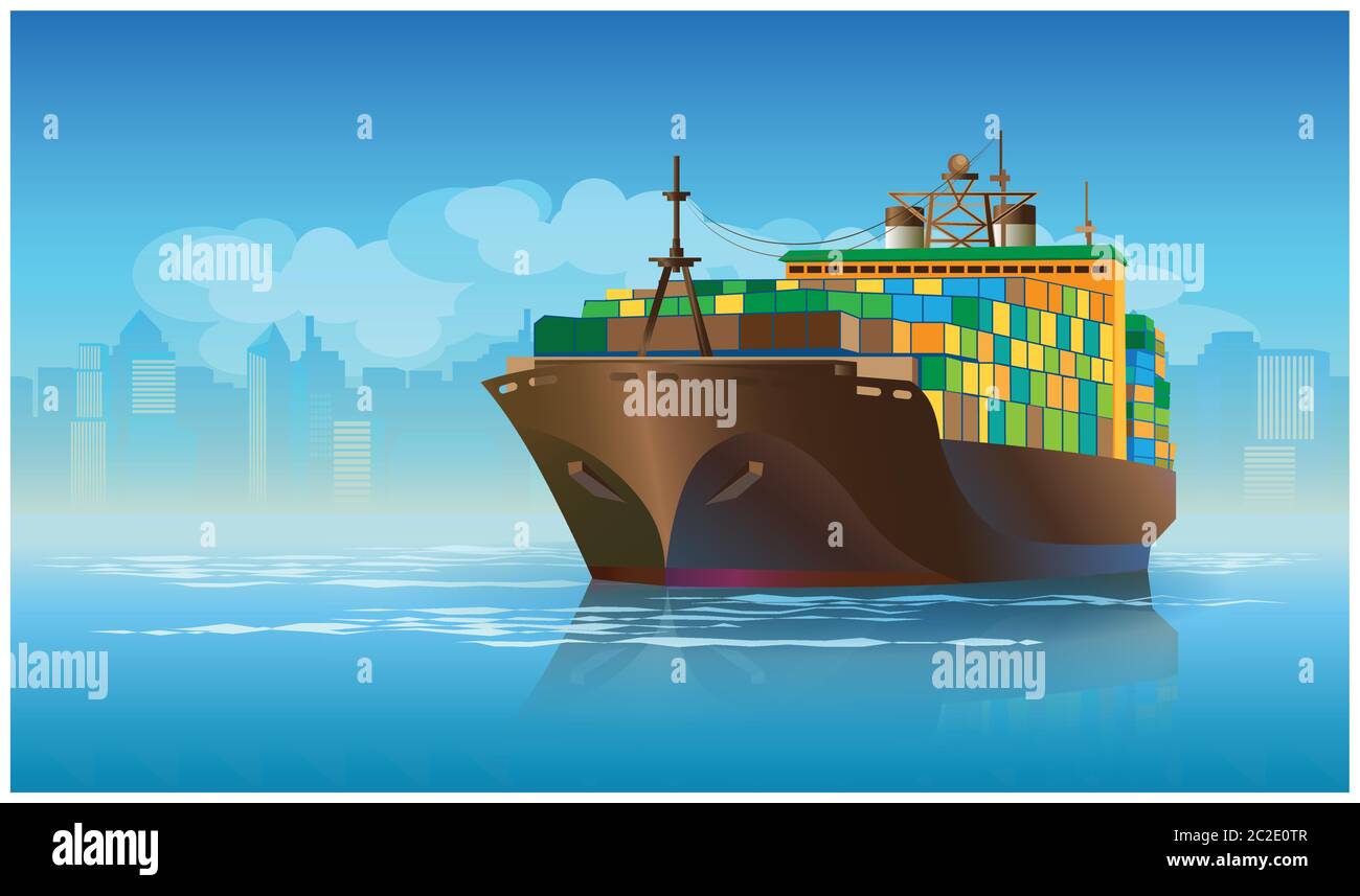 Illustrazione vettoriale stilizzata sul tema del trasporto marittimo. Nave da carico grande che lascia il porto con carico Illustrazione Vettoriale