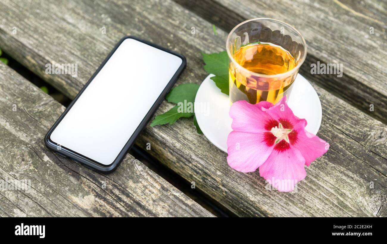 Tè Malow con smartphone su vecchio sfondo di legno Foto Stock