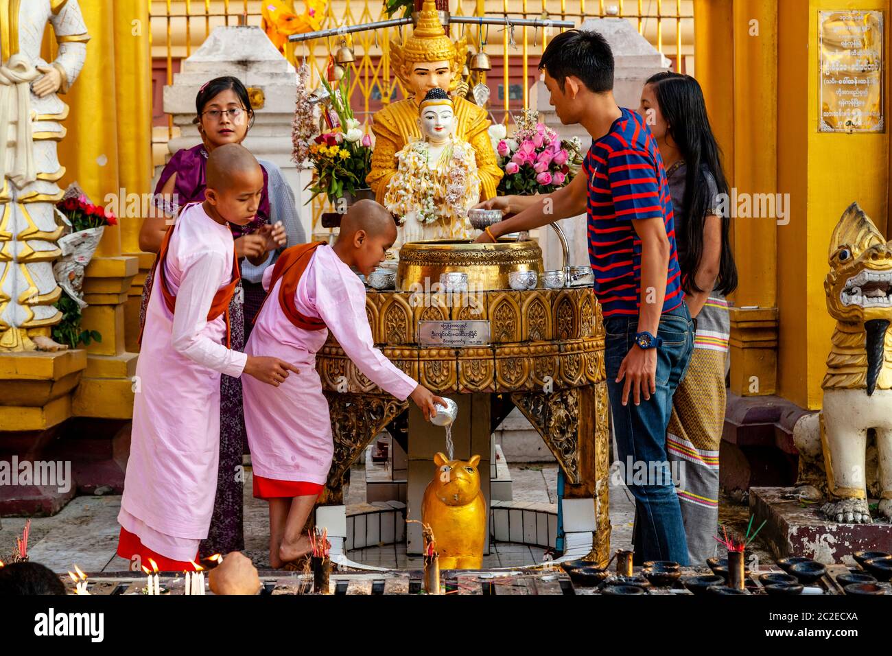 La gente birmana che fa il bagno del Buddha alla pagoda di Shwedagon, Yangon, Myanmar. Foto Stock