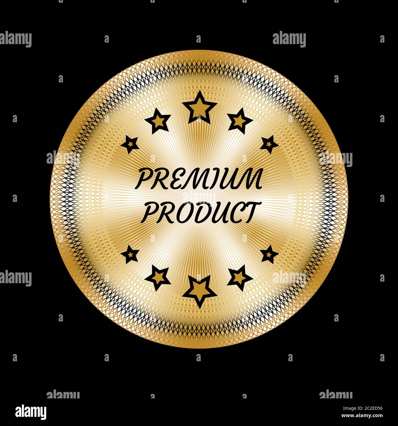 Medaglia d'oro con cinque stelle e parole di prodotto premium per il design delle etichette Illustrazione Vettoriale