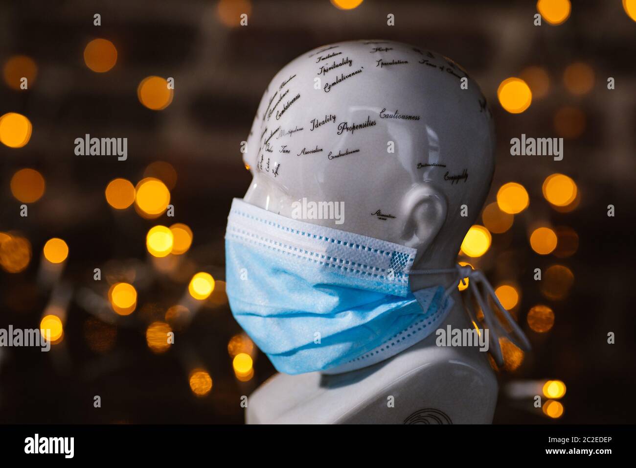 Testa di Phroenology che indossa una maschera di Coronavirus Foto Stock