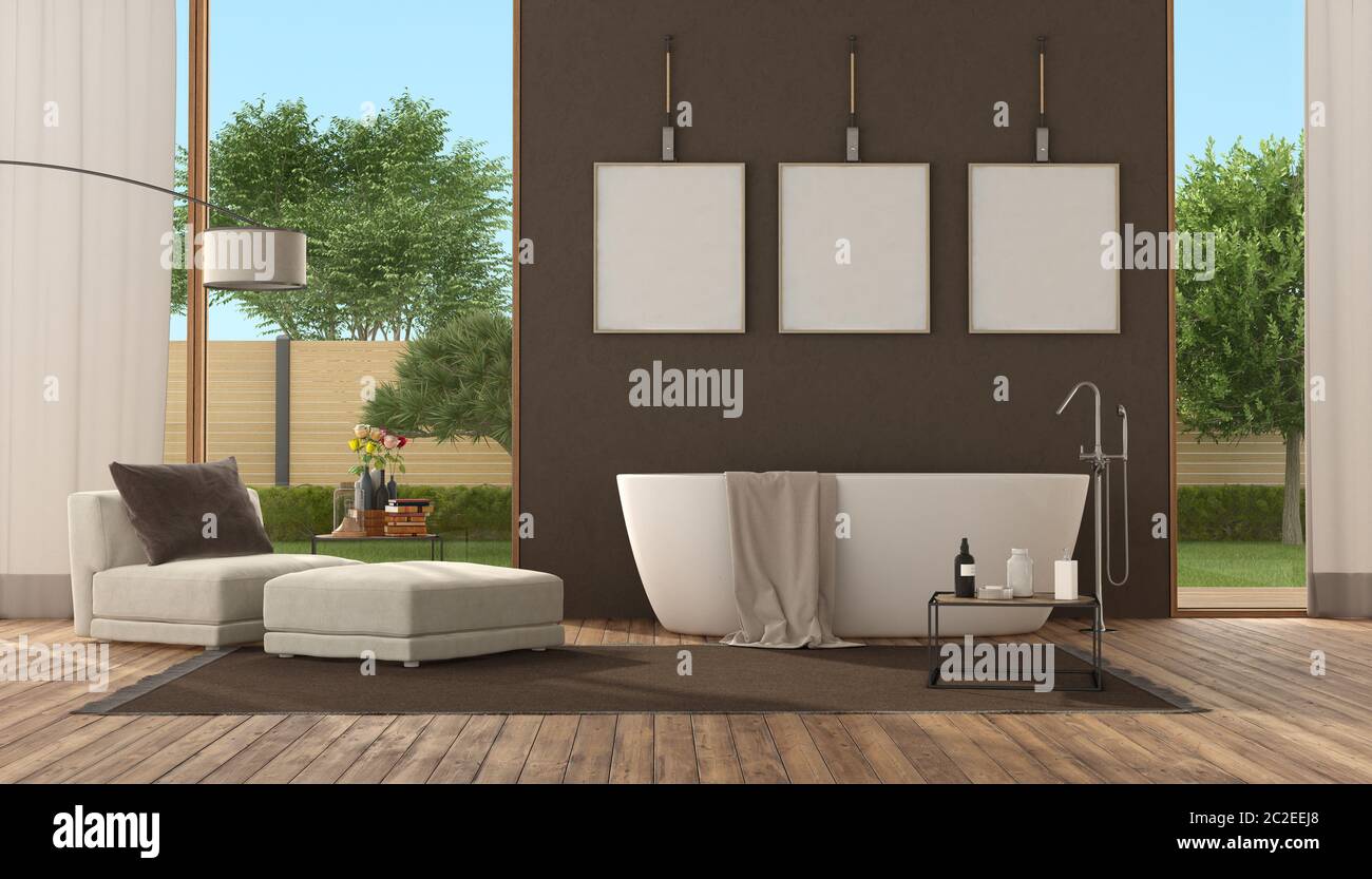 Grande e moderno bagno con vasca da bagno,parete marrone e poltrona - 3d rendering Foto Stock