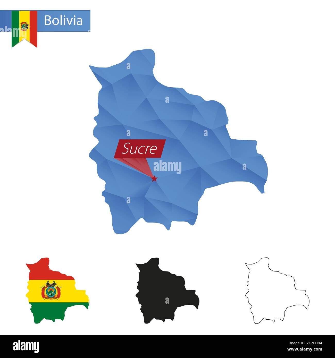 Bolivia blu basso Poly mappa con Sucre capitale, versioni con bandiera, nero e contorno. Illustrazione vettoriale. Illustrazione Vettoriale