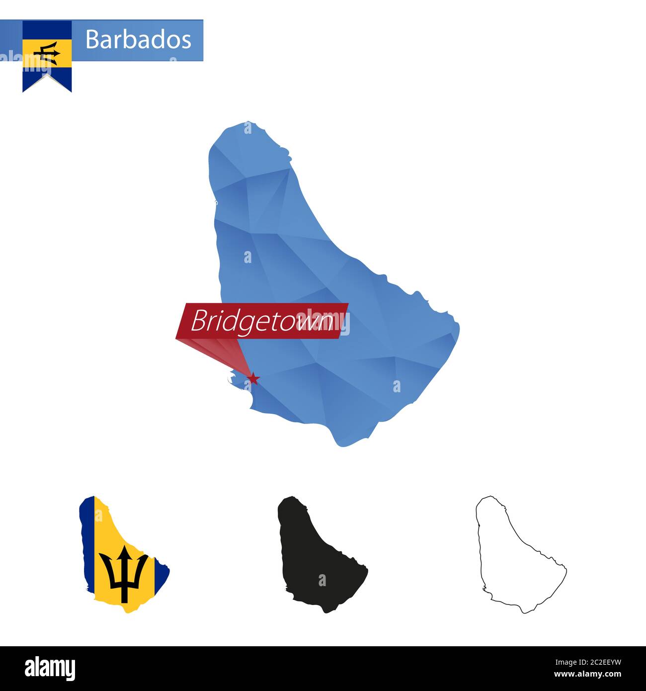 Mappa blu Barbados Low Poly con capitale Bridgetown, versioni con bandiera, nero e contorno. Illustrazione vettoriale. Illustrazione Vettoriale