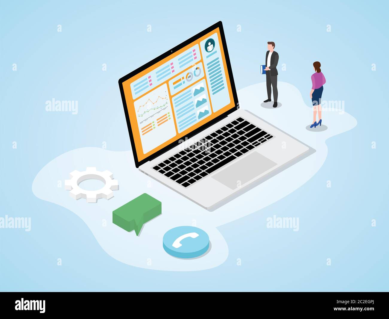 Donna e uomo con grande cruscotto sito web admin visualizzazione grafico statistiche dati diagramma isometrico 3d moderno stile piatto vettoriale design Foto Stock