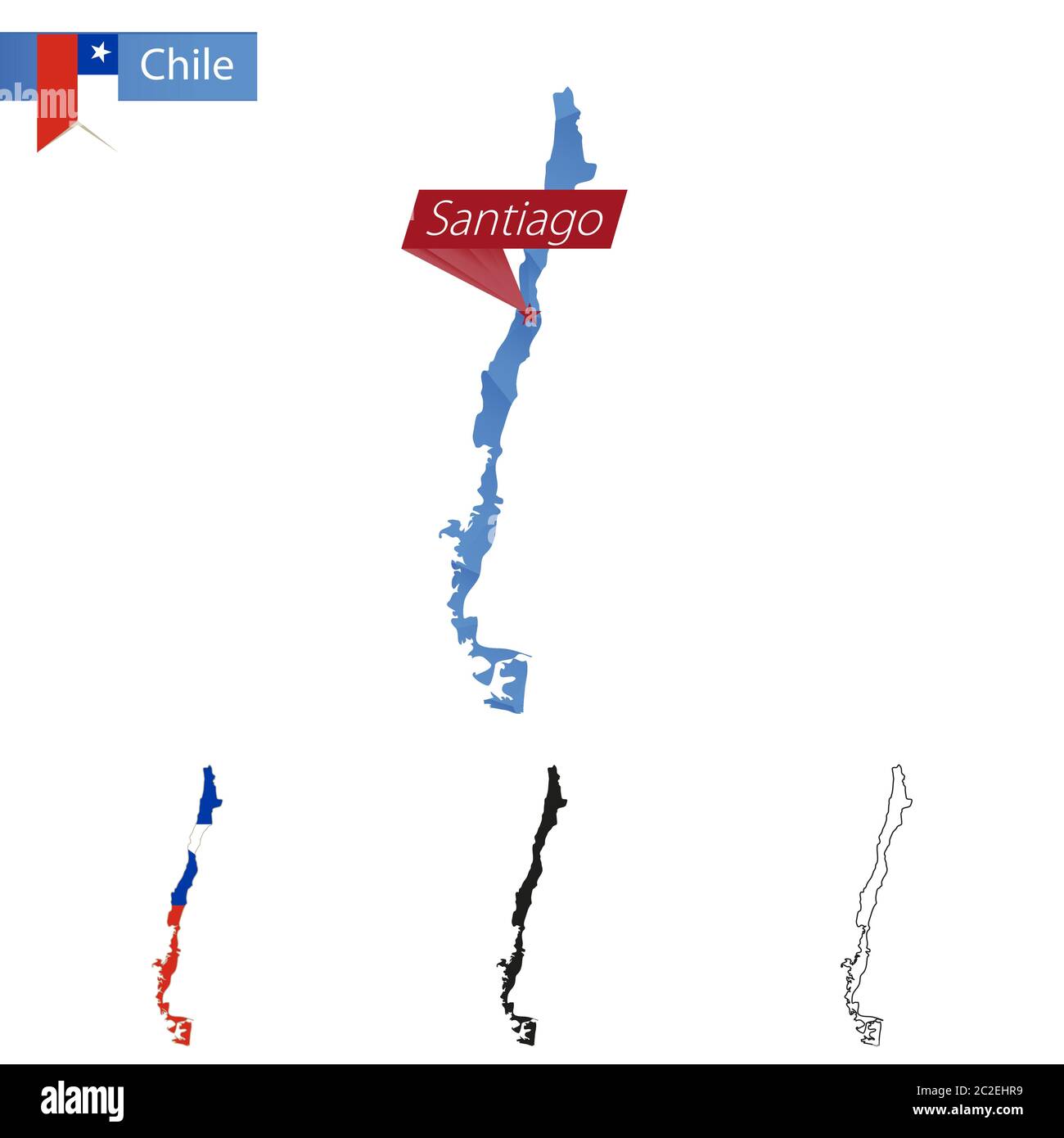 Cile blu basso Poly mappa con capitale Santiago, quattro versioni della mappa. Illustrazione vettoriale. Illustrazione Vettoriale