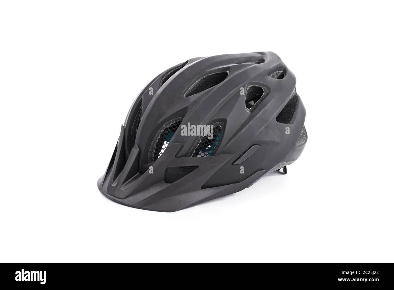 Nero casco bicicletta, isolato su sfondo bianco. Foto Stock