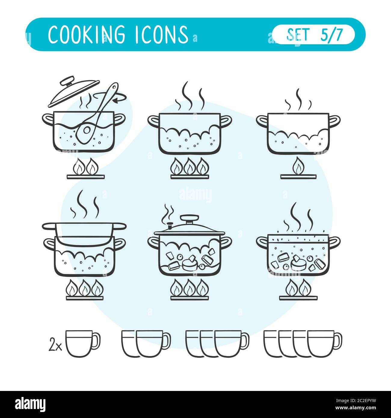 Set di icone delle istruzioni di cottura. Molto utile per spiegare le ricette di cottura. Stile Doodle. Quinta parte di sette immagini raccolta completa. Illustrazione Vettoriale