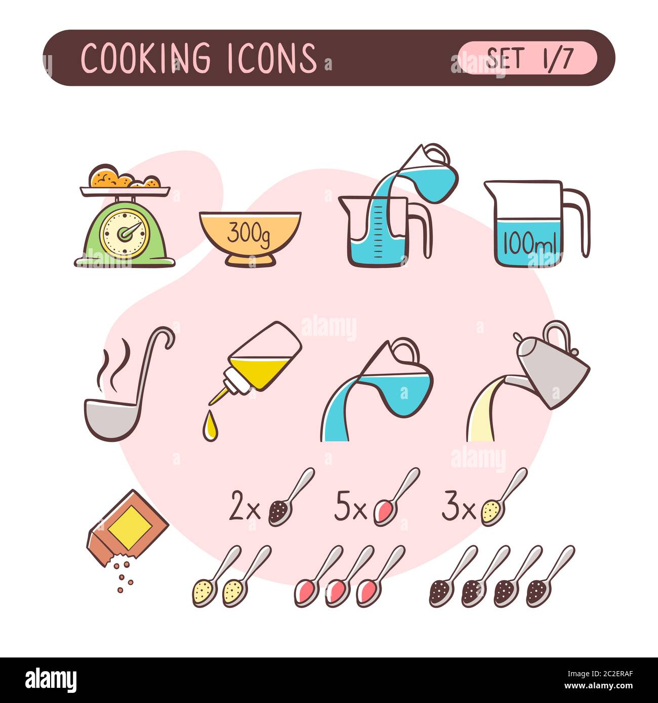 Set di icone delle istruzioni di cottura. Molto utile per spiegare le ricette di cottura. Stile colorato disegnato a mano. Prima parte di sette immagini raccolta completa. Illustrazione Vettoriale