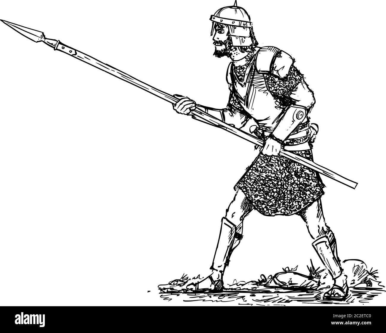 Vettore disegnato a mano di guerriero antico o fantasia in armatura e casco camminare pronti ad attaccare con lancia. Illustrazione Vettoriale