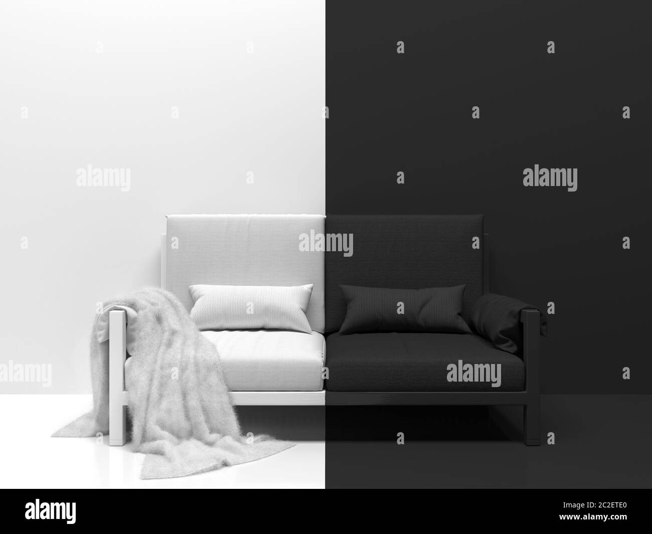 Interni in bianco e nero con divano bianco e nero. Illustrazione concettuale monocromatica creativa divisa a metà in due parti al centro. 3 Foto Stock